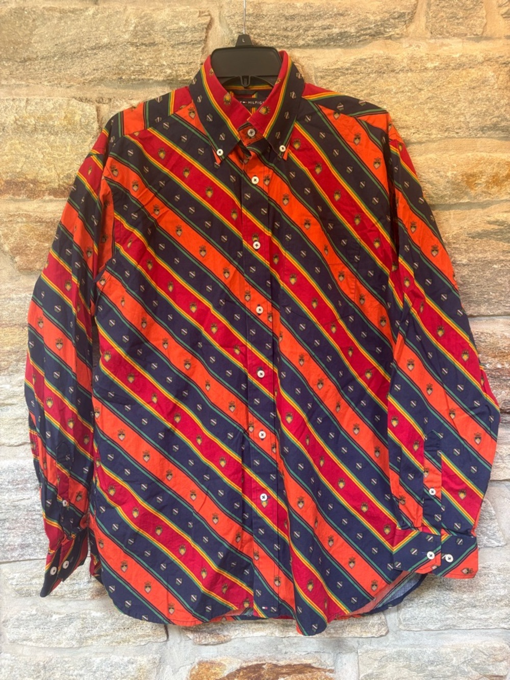 Tommy Hilfiger Vintage Y2K Multicolor Diagonal Stripe W Crest Button Up Mens M